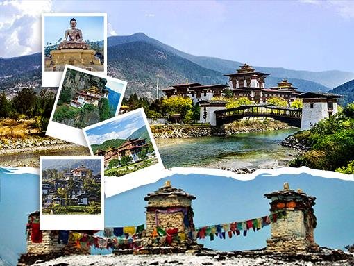 A scenic view of a Bhutanese monastery on a mountain with a bridge over a river.